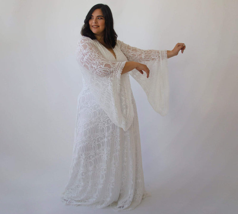 Curvy  Lace Ivory Bridal Kaftan With Fringe ,Bat Sleeves Lace Wedding Dress #1328