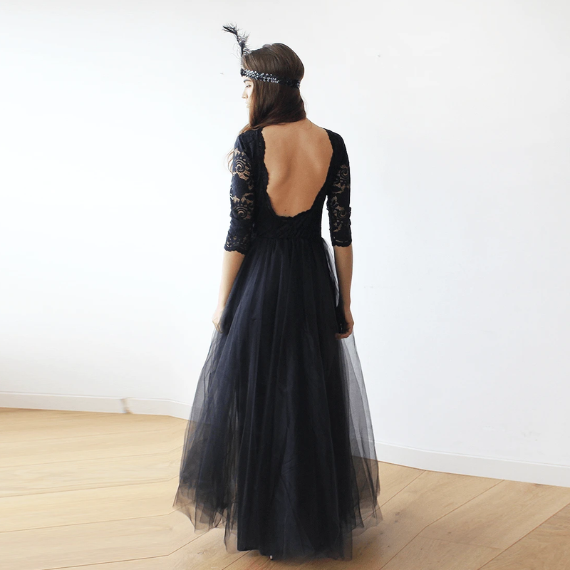 Black Tulle and Lace Maxi Gown  1122