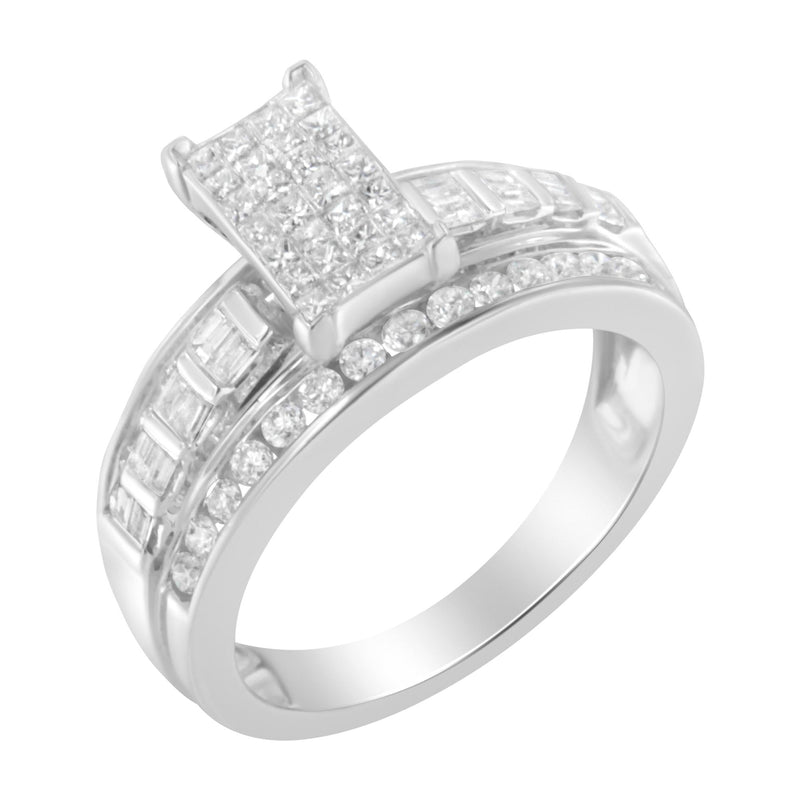 14K White Gold 1.0 Cttw Mixed-Cut Diamond Rectangle Invisible-Set Composite Cluster Ring With Bar- And Channel-Set Band