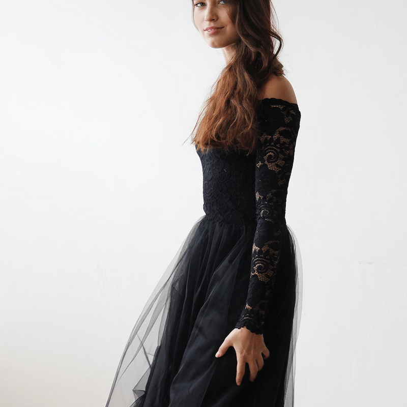 Black Off-The-Shoulder Lace and Tulle Maxi Dress  SALE 1134