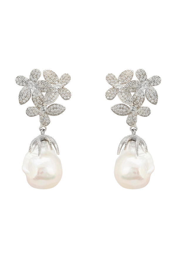 Flowers Baroque Pearl Earrings Silver White