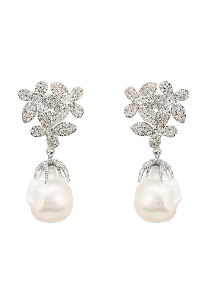 Flowers Baroque Pearl Earrings Silver White