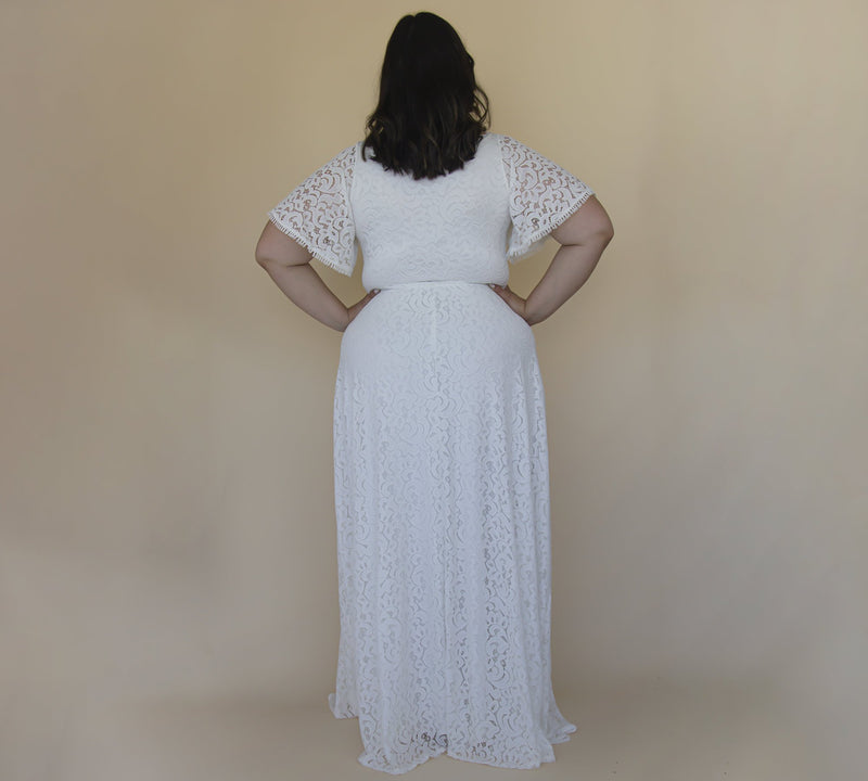 Curvy  Bohemian Butterfly Sleeves , Modest Ivory Wedding Dress With Pockets #1318