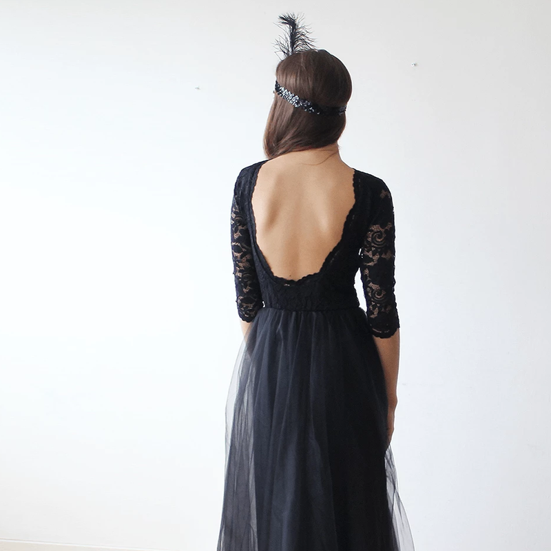 Black Tulle and Lace Maxi Gown  1122