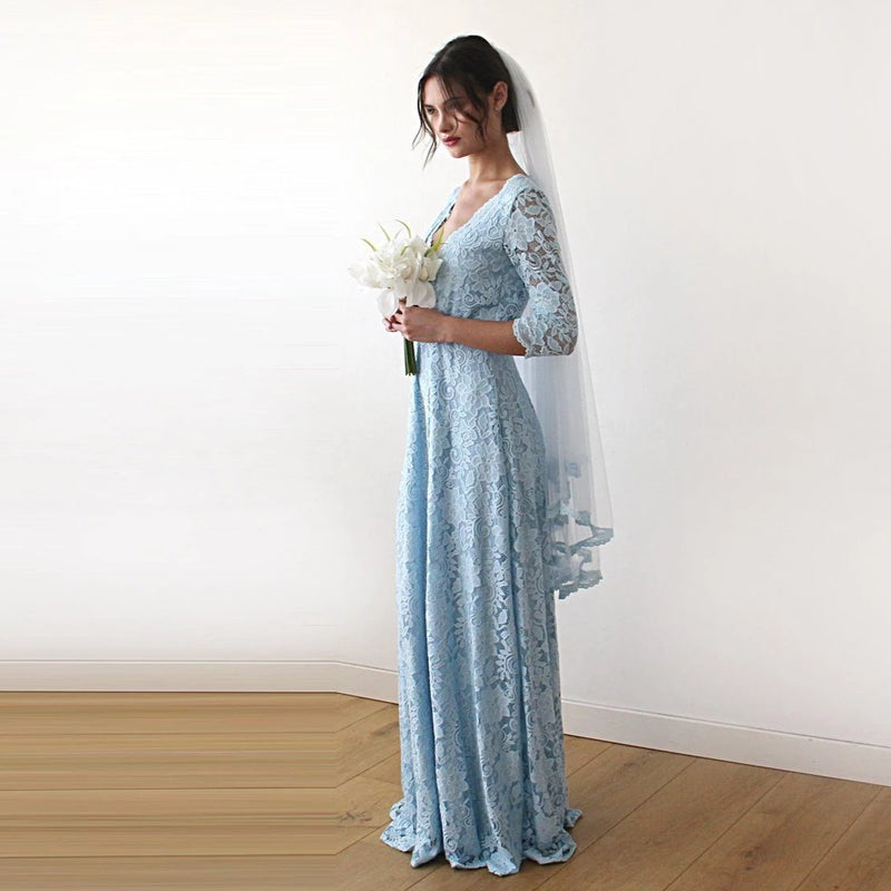Light Blue Lace Three Quarters Sleeve Wedding Maxi Dress 1124
