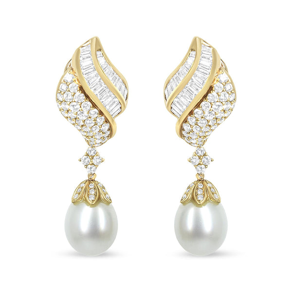 18k Yellow Gold 7.0 Cttw Baguette and Round Diamond South Sea Pearl Drop Dangle Clip-On Earrings (F-G Color, VS1-VS2 Cla