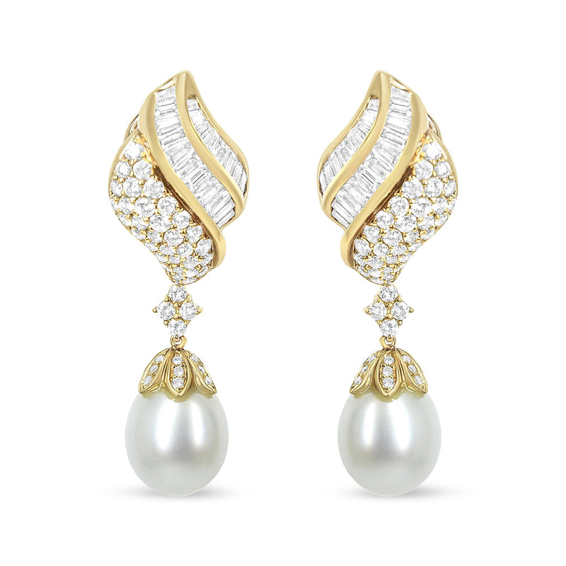 18k Yellow Gold 7.0 Cttw Baguette and Round Diamond South Sea Pearl Drop Dangle Clip-On Earrings (F-G Color, VS1-VS2 Cla