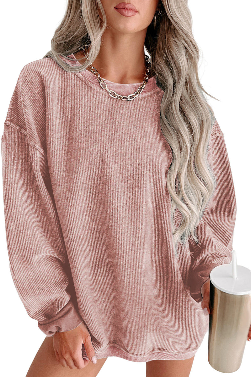Faith Solid Ribbed Knit Round Neck Pullover Sweatshirt