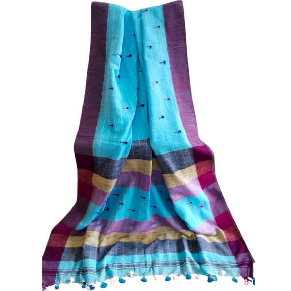 Cotton Linen Handloom Saree With Pompom - Light Blue