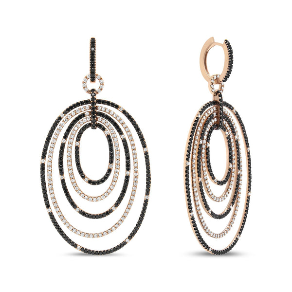 18K Rose Gold 5.00 Cttw Round Black and White Diamond Graduated Hoop Dangle Earrings (Black and F-G Color, VS1-VS2 Clari