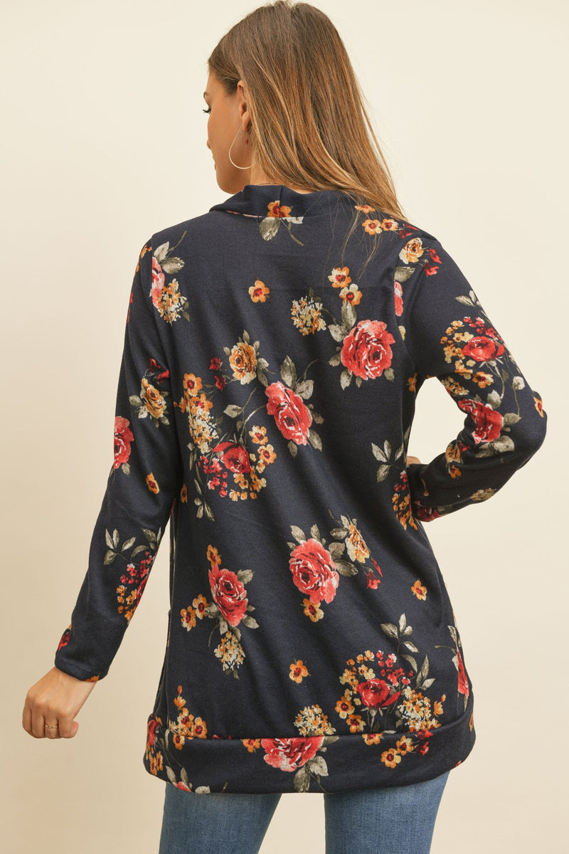 Floral Print Brushed Hacci Cardigan With Pockets
