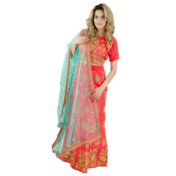 Red and Gold Party Lehenga in Silk