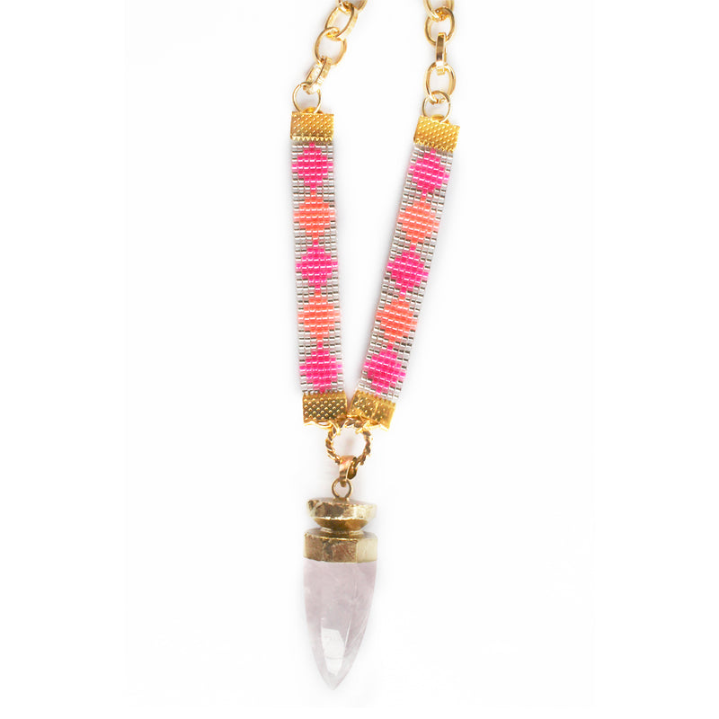 St Tropez Crystal Quartz Necklace - Neon Coral and Pink