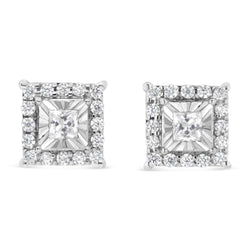 .925 Sterling Silver 1/4 Cttw Princess and Round Cut Diamond Halo Stud Earrings (I-J Color, I2-I3 Clarity)