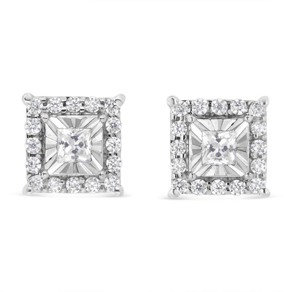 .925 Sterling Silver 1/4 Cttw Princess and Round Cut Diamond Halo Stud Earrings (I-J Color, I2-I3 Clarity)