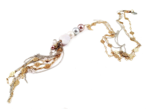 Calcedony and Pearls Long 18kt Gold Plated Lariat Necklace. Perfect for Parties, Summer Time and Gift for Her.