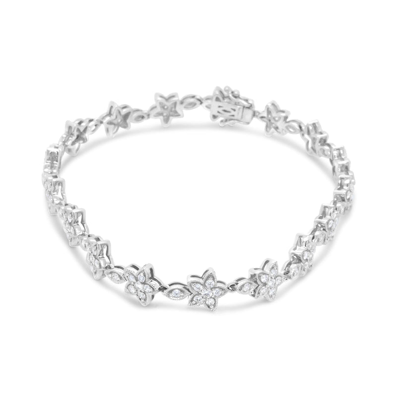 14K White Gold 1 1/5 Cttw Round Diamond Flower Blossom Link Bracelet (H-I Color, SI1-SI2 Clarity) - Size 7"