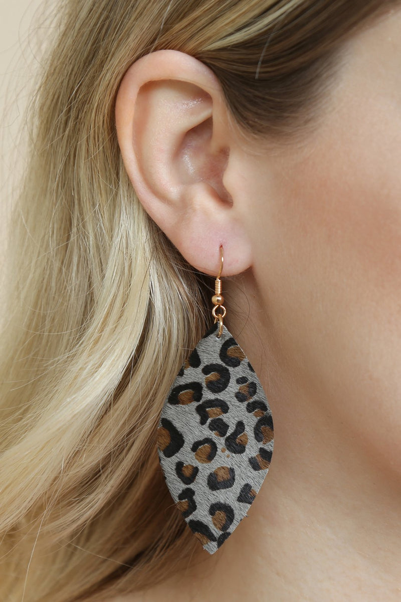 Hde2436 - Leopard Marquise Leather Hook Earrings