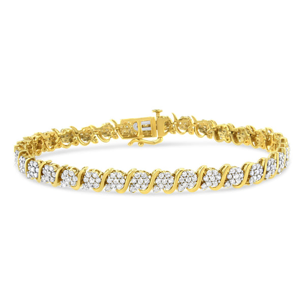 14K Yellow Gold Plated .925 Sterling Silver 3.00 Cttw Diamond Alternating Flower Cluster and "S" Link Tennis Bracelet (L