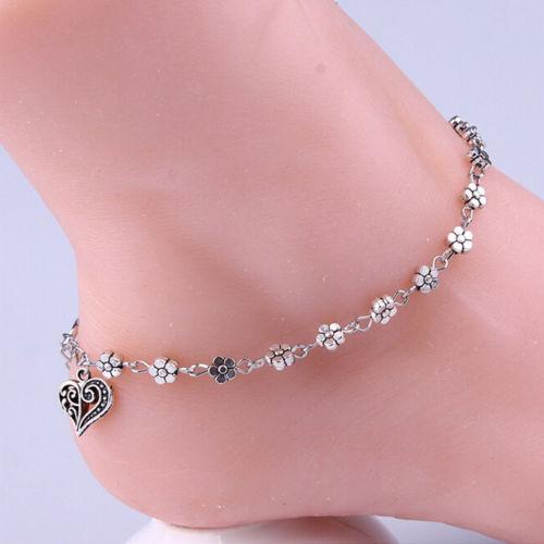 Daisy Flower Anklet Hanging Heart Charm