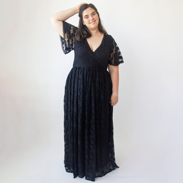 Black Wrap Flutter Sleeves Dress Lace Maxi Dress With Pockets #1376