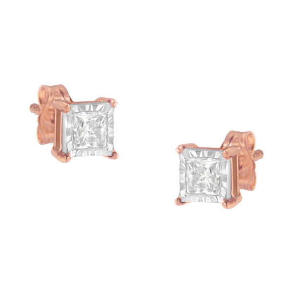 14K Rose Gold Plated Two-Tone .925 Sterling Silver 1/2 Cttw Princess-Cut Square Near Colorless Diamond Solitaire Miracle