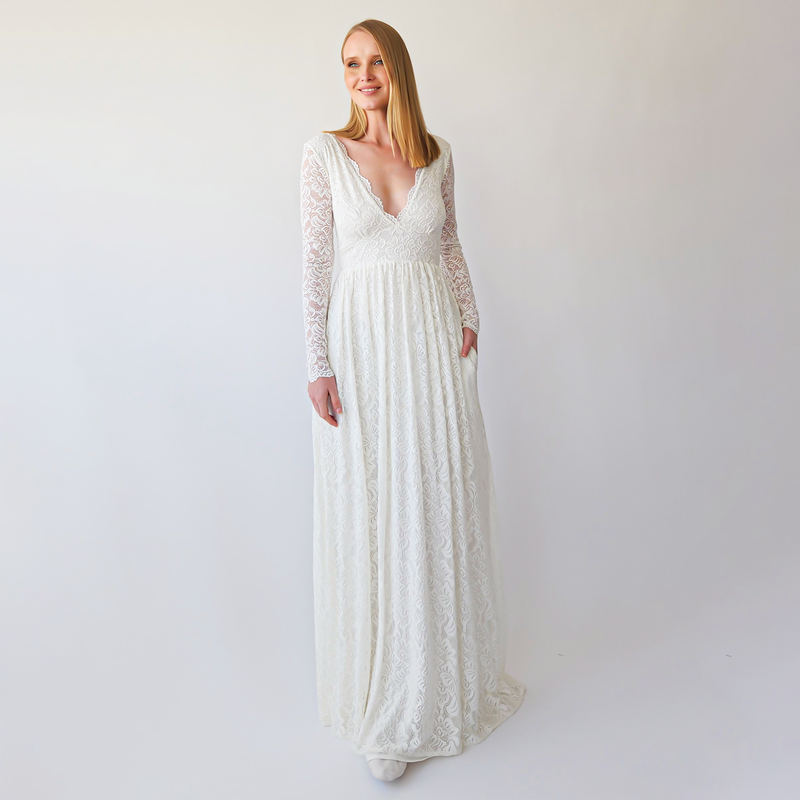 Maxi Dress, Bohemian V-Neckline ,Ivory Wedding Dress With Pockets, Open Back