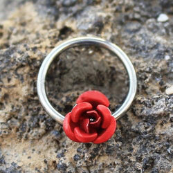 316L Stainless Steel Red Rose Snap-In Captive Bead Ring / Septum Ring