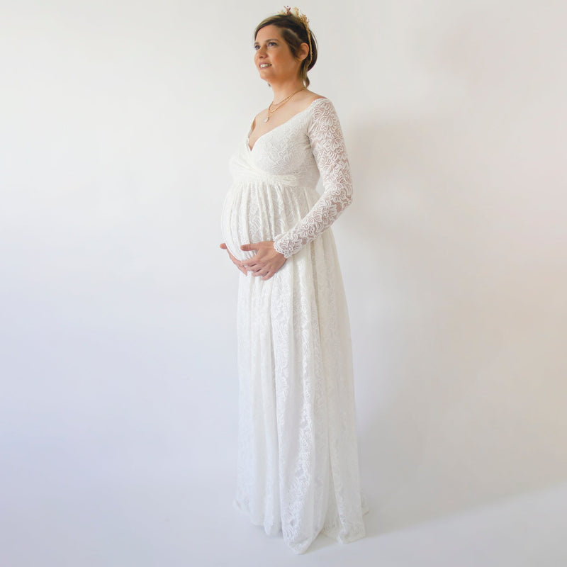 Maternity Off the Shoulder Wrap Dress, With Pockets,  Ivory Lace Long Sleeves