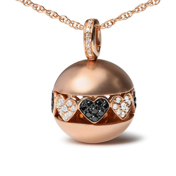 18K Rose Gold 3/8 Cttw Black and White Diamond Ball With Filigree Heart and Cluster Design 18" Pendant Necklace (Black A