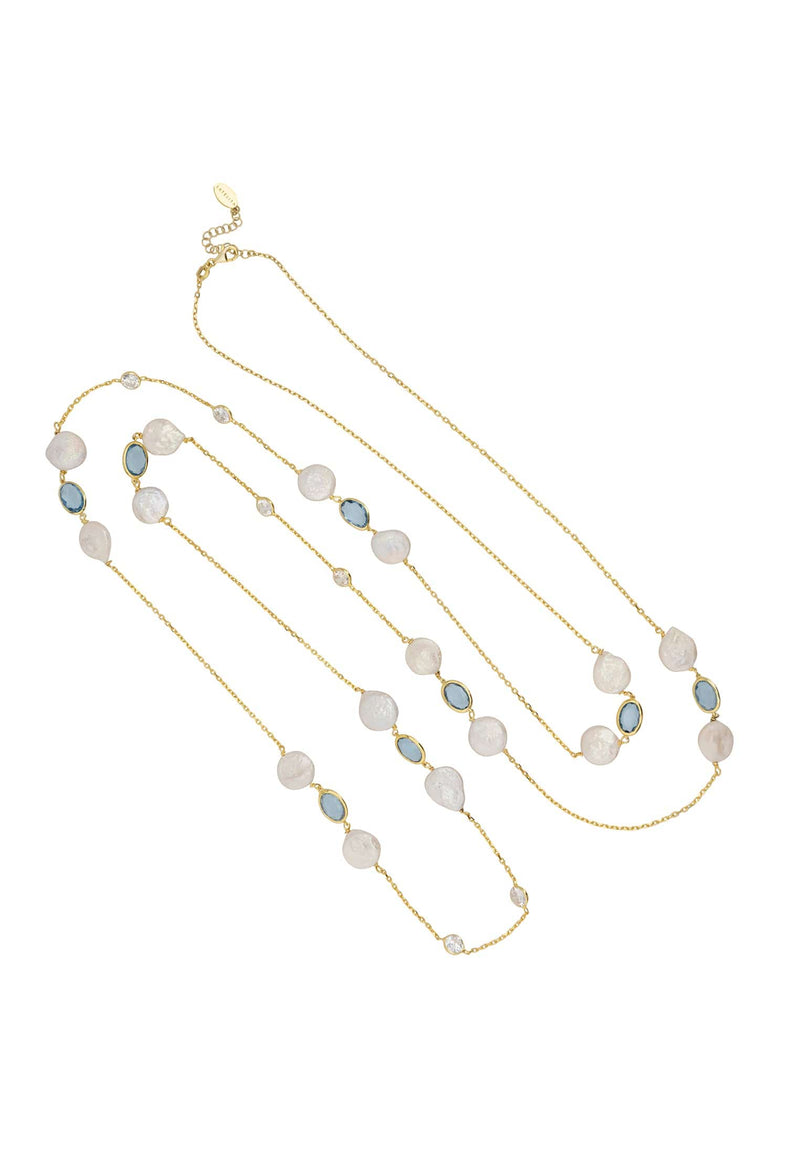 Pavia 120cm Long Pearl Necklace Gold Blue Topaz