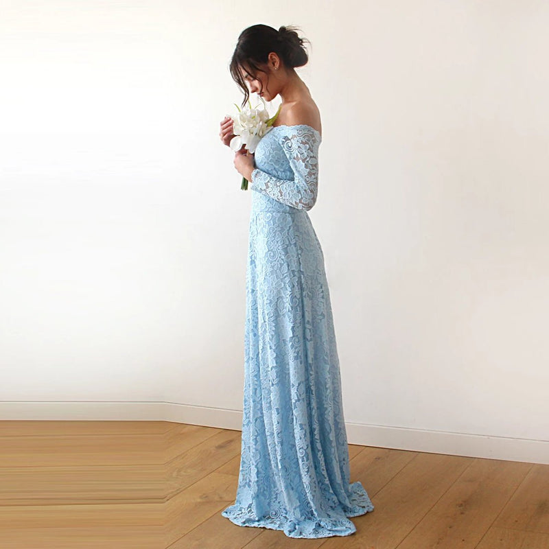 Light Blue Off-The-Shoulder Floral Lace Long Sleeve Maxi Dress 1119