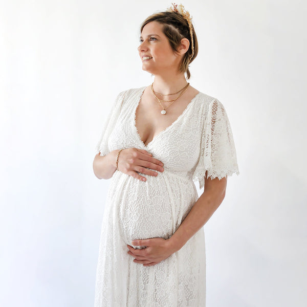 Maternity Ivory Lace Bohemian Wedding Dress With Pockets #7004