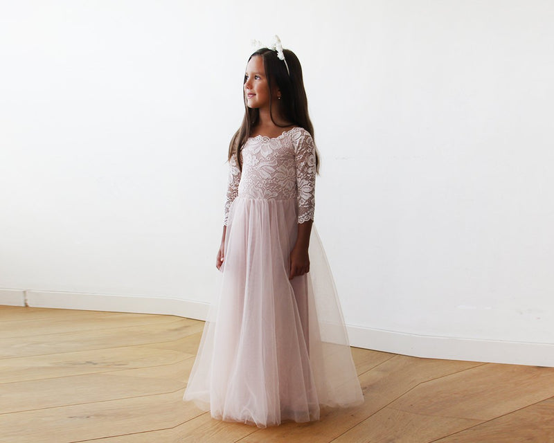 1266Pink Off-The-Shoulder Wedding Lace and Tulle Train, Pink Wedding Gown With Lace and Tulle Train, Mommy and Me Dress