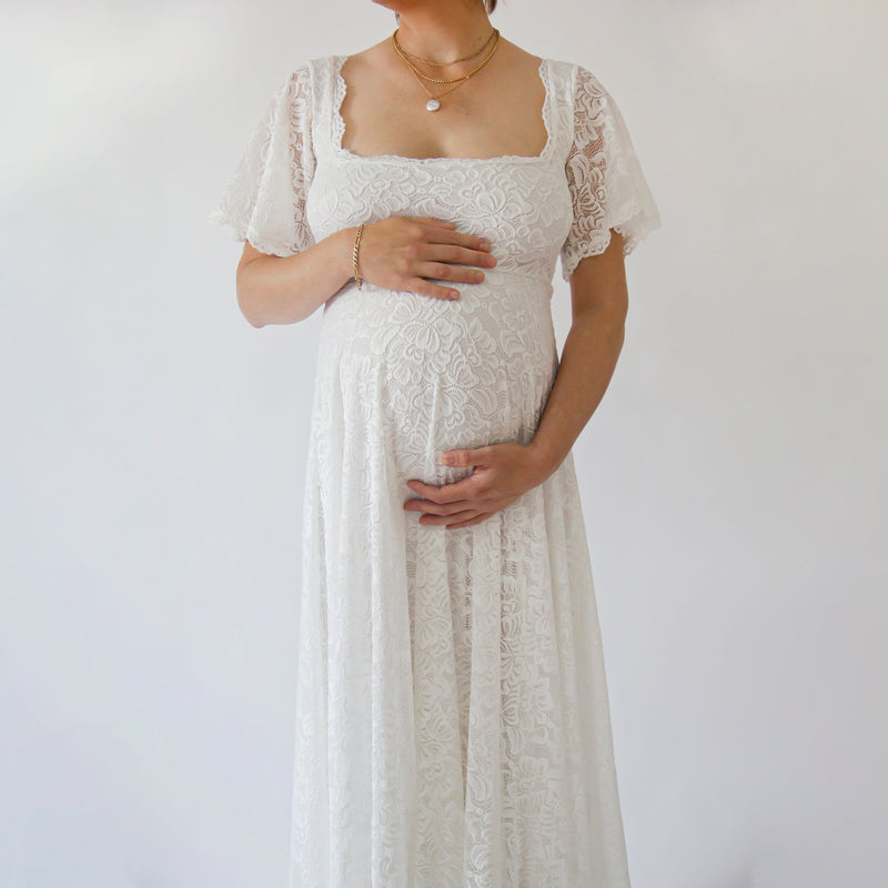 Maternity Ivory Bohemian Dress, Square Neckline , Butterfly Sleeves Dress #7003