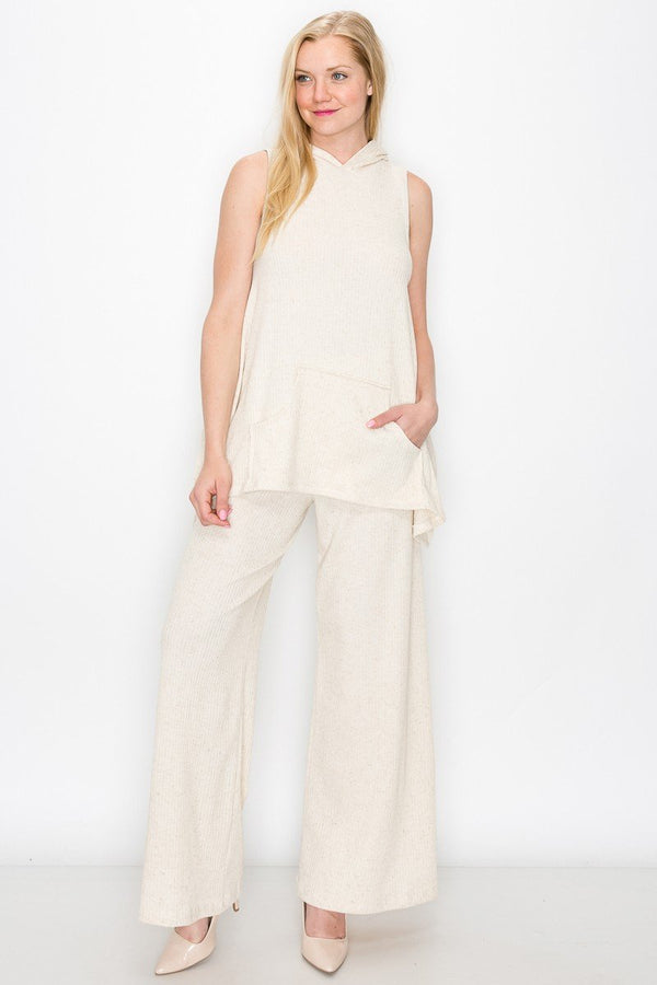Sleeveless Hooded Top and Wide Leg Pants Set - Ivory