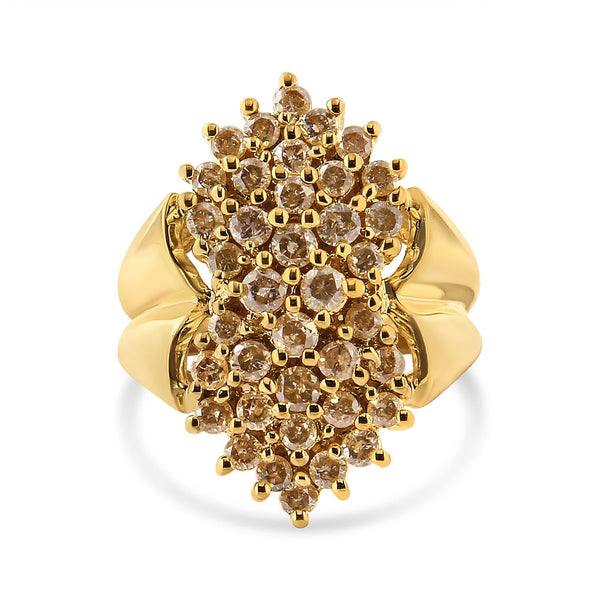 14K Yellow Gold Plated .925 Sterling Silver 1 1/2 Cttw Diamond Cluster Ring (Champagne Color, I2-I3 Clarity) - Size 5