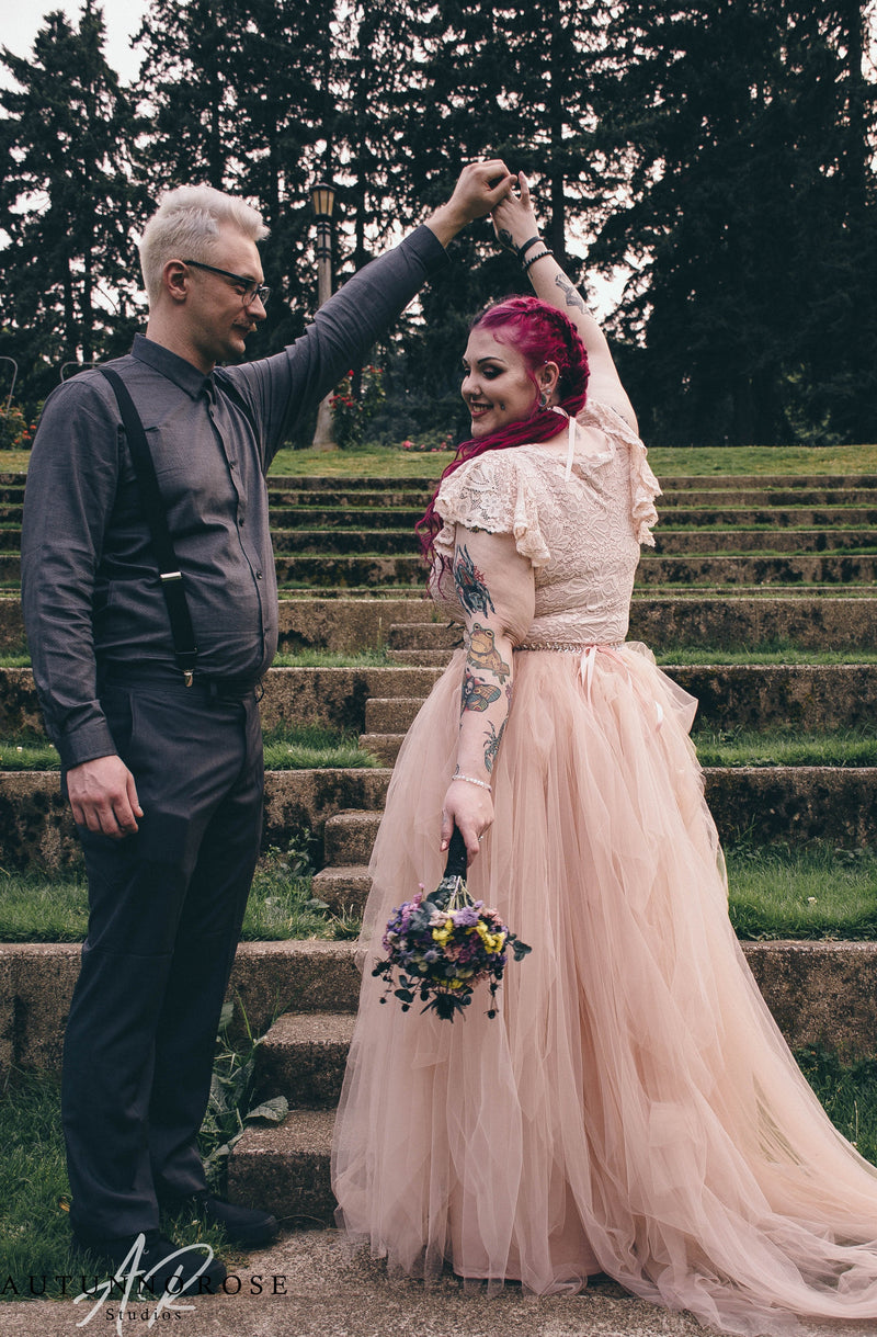 Curvy Fairy Blush Pink Wrap Lace Bohemian Wedding Dress, Butterfly Sleeves  #1293