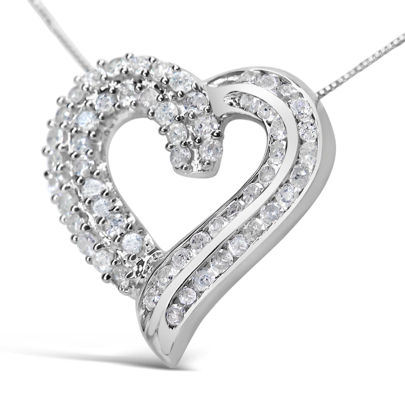 .925 Sterling Silver 1.0 Cttw Prong & Channel-Set Diamond Open Work Ribbon Heart Pendant 18" Necklace (I-J Color, I3 Cla