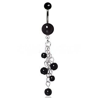 316L Surgical Steel Black Acrylic Navel Ring With Beaded Chain Cascade