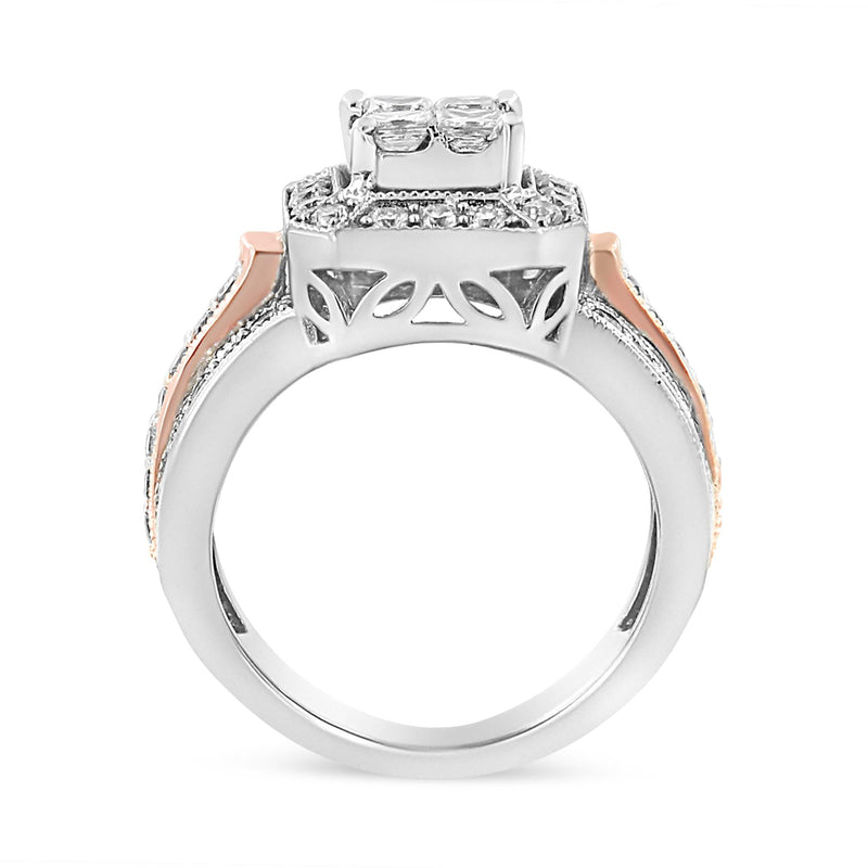 14K White and Rose Gold 1 1/8 Cttw Princess and Round-Cut Diamond Art Deco Style Triple Shank Halo Cocktail Ring (I-J Co