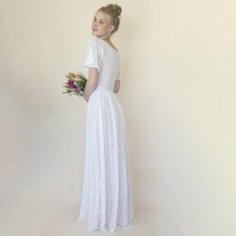 Vintage Lace Wedding Dress , Short Sleeves Modest Pearly Wedding Dress  #1346