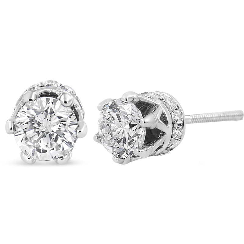 14K White Gold 2.0 Cttw Round Cut Prong-Set Diamond Crown Stud Earring (I-J Color, I1-I2 Clarity)