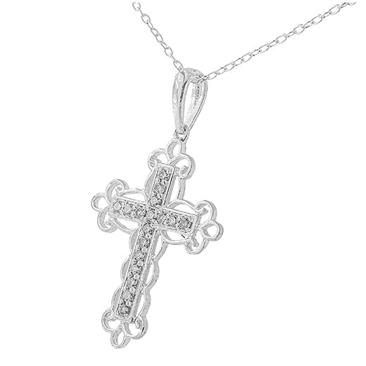 .925 Sterling Silver 1/4 Cttw Round Cut Diamond Art Deco Style Cross 18" Pendant Necklace (J-K Color, I2-I3 Clarity)