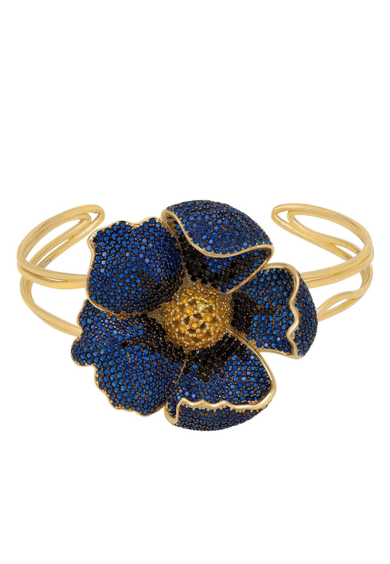 Poppy Bangle Cuff Bracelet Gold Sapphire Blue Cz