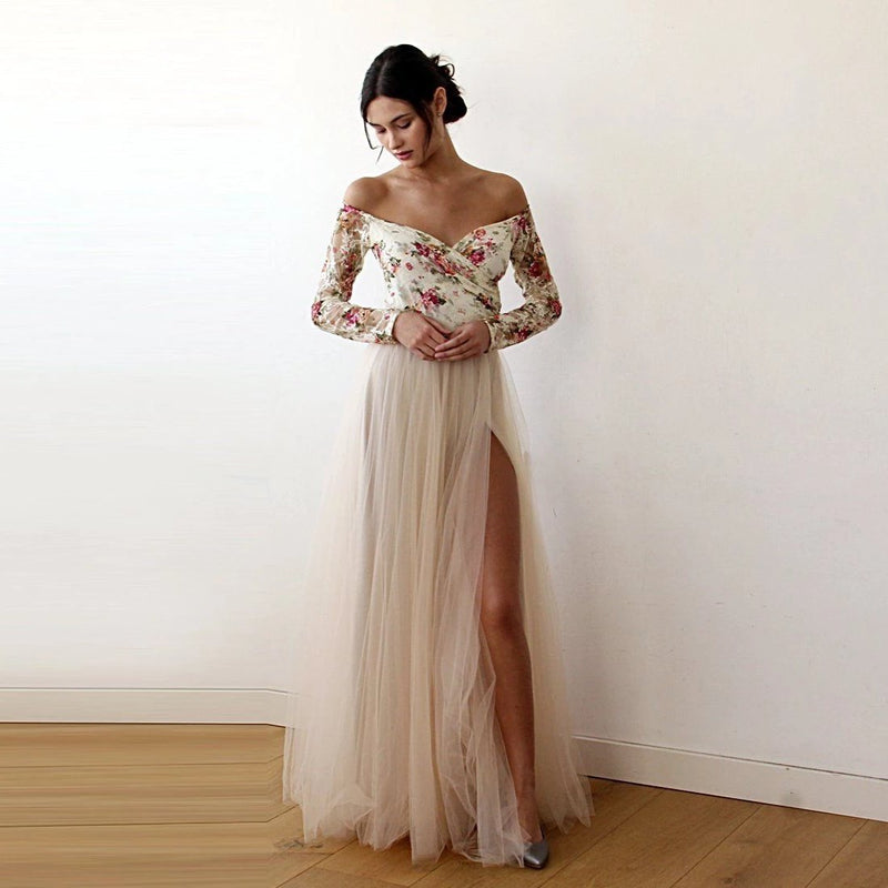 Off-Shoulder Floral and Champagne Tulle Dress With a Slit 1176