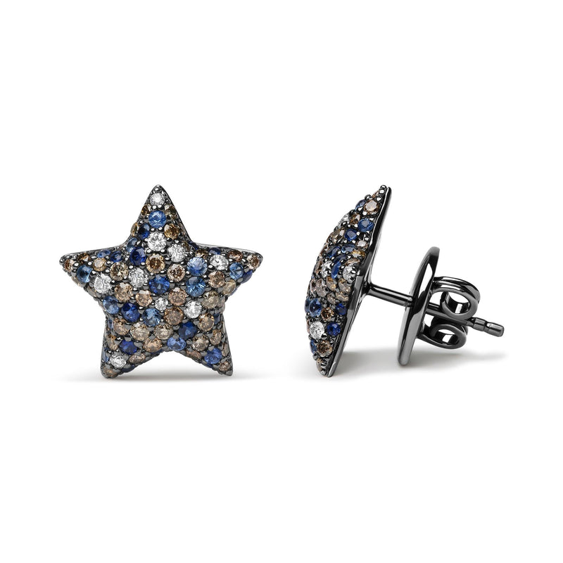 Black Rhodium Plated 18K White Gold 1.00 Cttw Diamond and Round Blue Sapphire Gemstone Micro-Pave Star Stud Earrings (Br