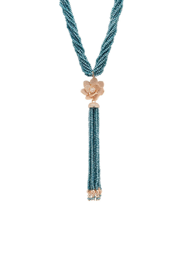 Lotus Flower Tassel Statement Necklace Turquoise Blue Rosegold
