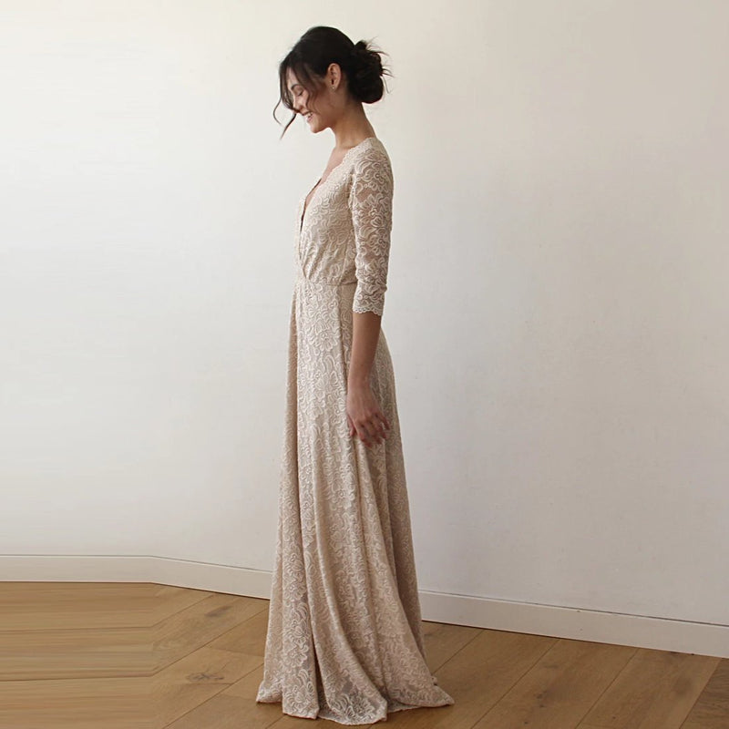 Golden Lace Wedding Dress, Vintage Inspired Maxi Wrap Dress 1124