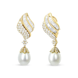 18k Yellow Gold 7.0 Cttw Baguette and Round Diamond South Sea Pearl Drop Dangle Clip-On Earrings (F-G Color, VS1-VS2 Cla